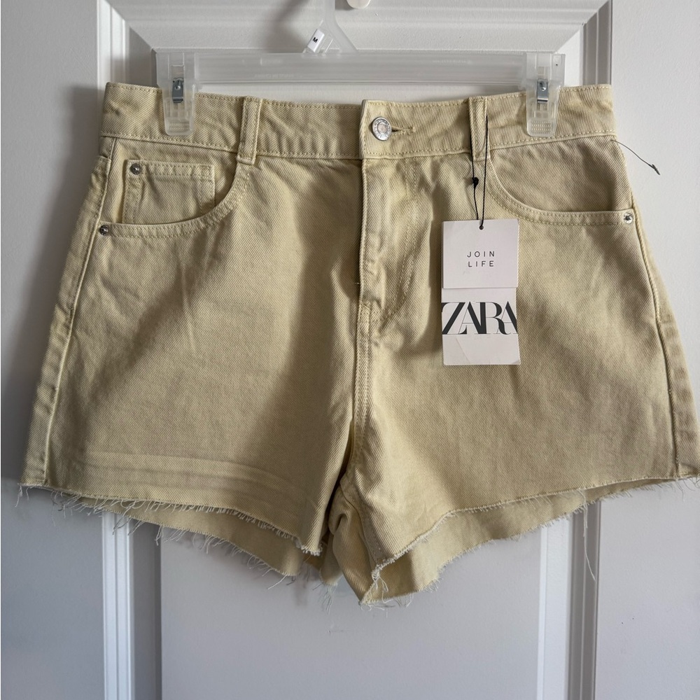 Zara Pale Yellow Jean Shorts with Distressed Details